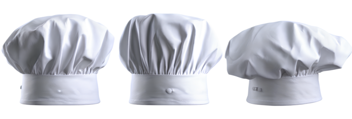 3 chef hats, white background, front view, side view and back view on a Transparent background PNG