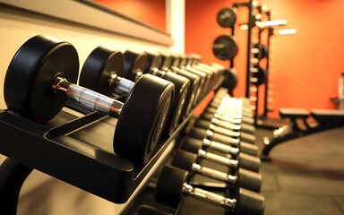 Naklejka premium A rack of dumbbells in a gym with orange walls and workout equipment in the background