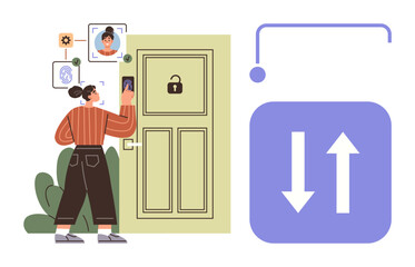 Woman accessing a secure door with facial recognition on a smart lock, surrounded by icons for verification. Ideal for security, technology, privacy, innovation, smart homes, biometrics, simple flat