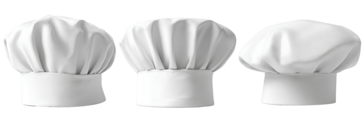 3 chef hats, white background, front view, side view and back view Transparent background PNG