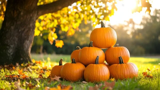 Autumn pumpkins stacked outdoor