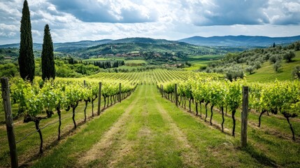 Fototapeta premium Vineyard landscape under a cloudy sky