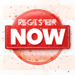 Red register now label in modern style on white background. Banner promotion.