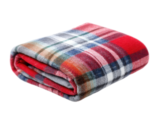 Folded plaid blanket with red blue gray white and brown textile fabric, Isolated On Png Transparent Background