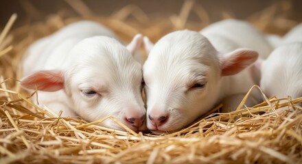 Two adorable newborn white goat kids sleeping peacefully while snuggling together on a bed of straw.