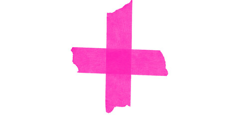 A pink plus sign with rough edges floating against a stark black background in a simple design style