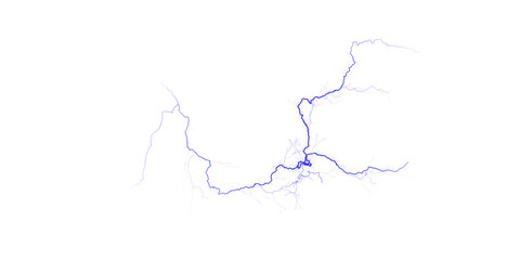 A blue branching structure resembling lightning against a stark black background is displayed