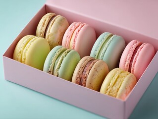 Colorful Boxed Macarons in Pastel Shades on a Soft Background