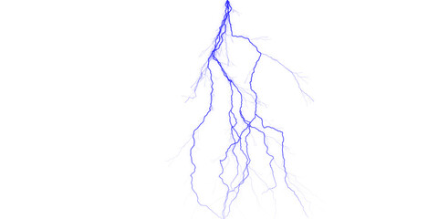 A vivid blue lightning bolt strikes down against a stark black background in a dramatic display of nature