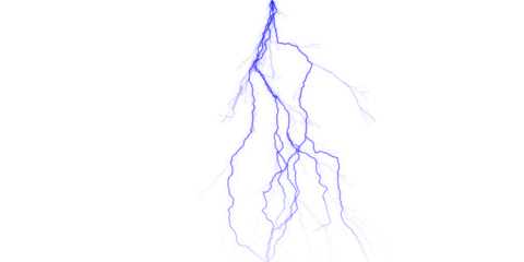 A vivid blue lightning bolt strikes down against a stark black background in a dramatic display of nature