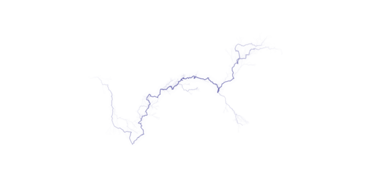 A blue and gray abstract shape resembling a river system on a black background illustration art