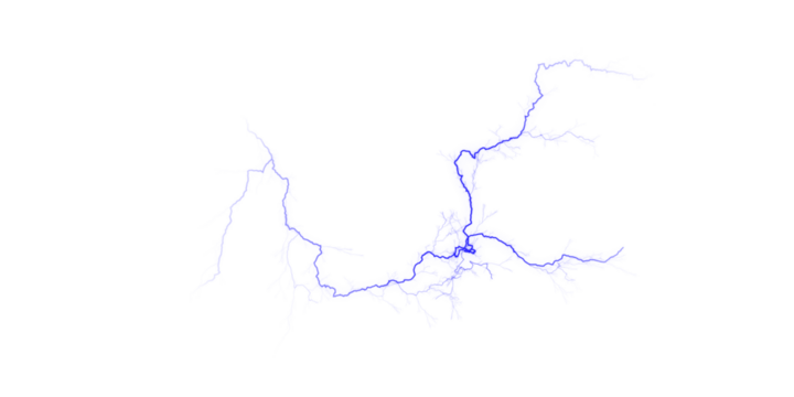 A blue branching structure resembling lightning against a stark black background is displayed