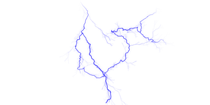 A blue fractal branching structure on a black background resembling veins or tree roots illustration