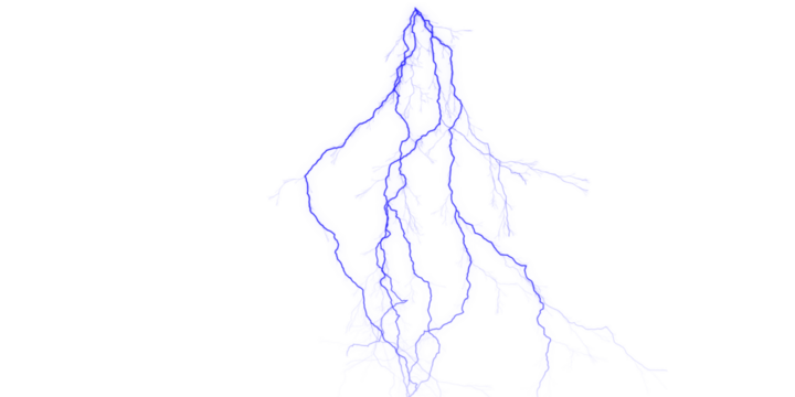 A striking blue lightning bolt against a stark black background illuminating the dark night sky above us