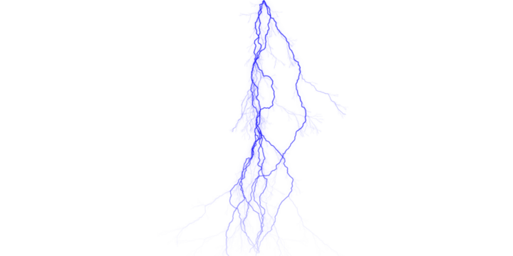 A striking blue lightning bolt illuminating a stark black background with intricate branching patterns