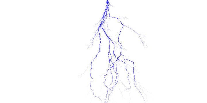 A vivid blue lightning bolt strikes down against a stark black background in a dramatic display of nature