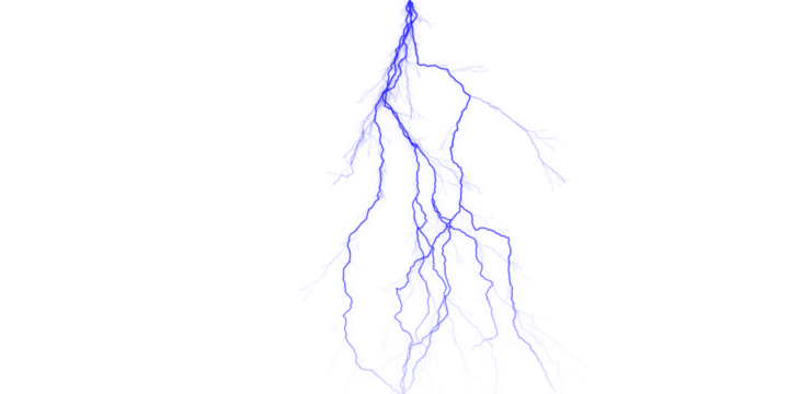 A vivid blue lightning bolt strikes down against a stark black background in a dramatic display of nature