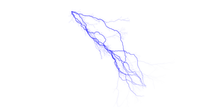 A blue lightning bolt with many branches on a black background in a digital illustration