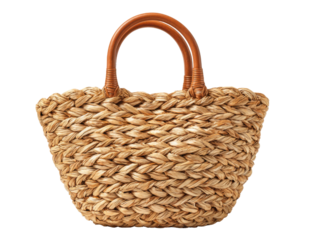 Woven straw tote bag with leather handles image, Isolated On Png Transparent Background