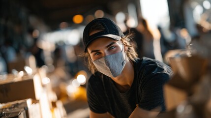 Proud Volunteer Organizing Food Aid Boxes for Community Support