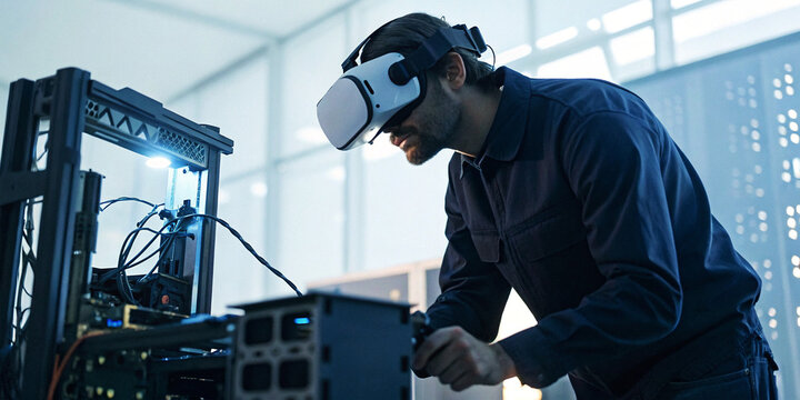 Photo of man wearing vr headset working with advanced technology equipment
