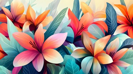 Vibrant floral design with colorful lilies and leaves.