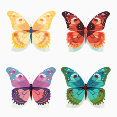 A vibrant collection of four stylized butterflies in yellow, red, purple, and teal colors, isolated on a white background.
