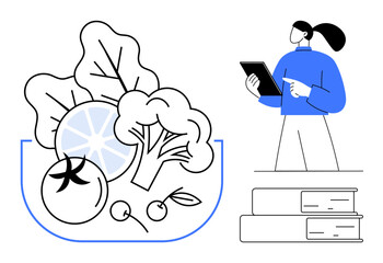 Person holding tablet standing near books, large salad bowl containing vegetables, fruits. Ideal for nutrition, wellness, education, healthy lifestyle, diet planning, organic food promotion simple