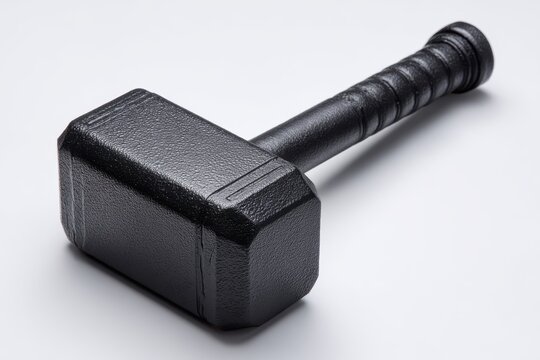 A close-up view of a sturdy black hammer resting on a clean surface, showcasing its robust design - Powered by Adobe