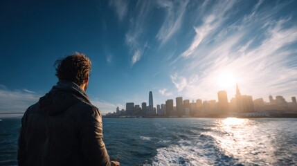 Scenic Skyline View from Ferry Deck with Tourist in Natural Light