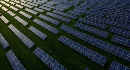 Aerial View of Solar Panel Farm on Green Grass Field