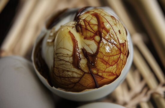 a balut egg with visible veins and soy sauce on the cracked shell