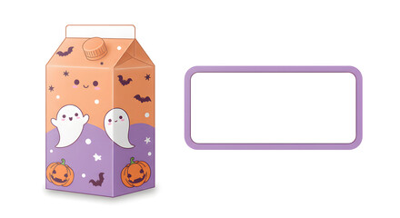 Cartoon Halloween-themed milk carton with cute ghosts, pumpkins, and a blank label.