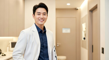Fototapeta premium 세련된 인테리어의 진료실에서 차트를 들고 밝게 미소짓는 남성의사