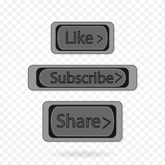 Like subscribe and share flat buttons vector illustration on transparent background