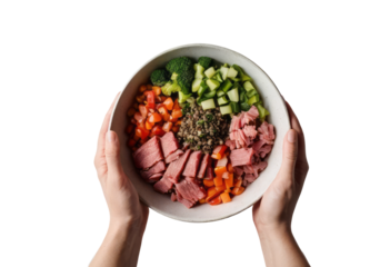 Healthy bowl with meat and fresh vegetables held by hands isolated, transparent background
