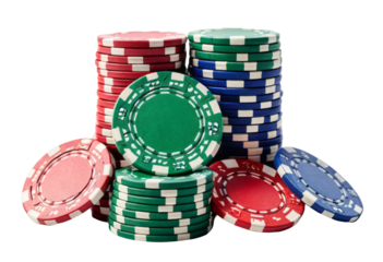 Colorful poker chips stacked piles with vibrant red, green isolated, transparent background	
