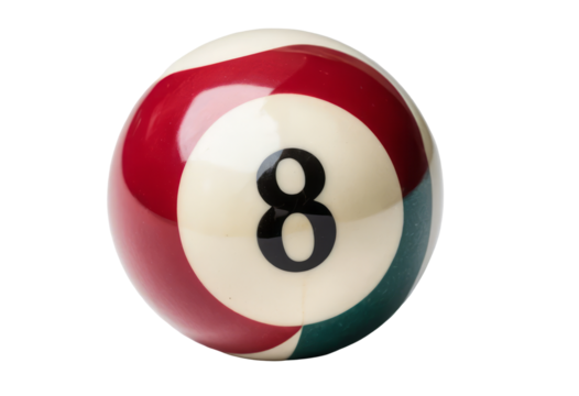 Eight ball with red and white swirl pattern  isolated, transparent background	
