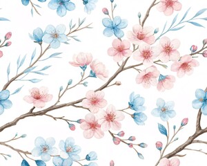 Delicate Watercolor Cherry Blossoms and Blue Flowers on a White Background Seamless Pattern Elegant Floral Design