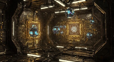 Detailed depiction of a futuristic dark interior with intricate technological design elements