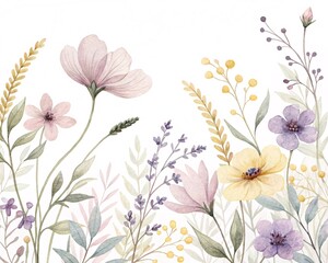 Beautiful Watercolor Meadow Blooms Featuring Delicate Petals in Soft Pastels and Lush Greenery