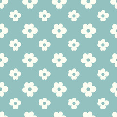 A simple, seamless repeating pattern of stylized white four-petal flowers on a muted blue-green background.