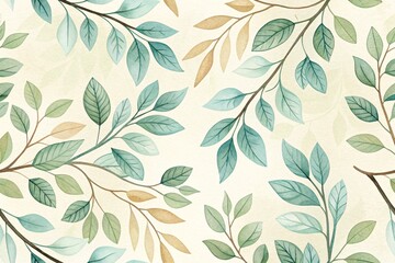Watercolor botanical pattern featuring delicate branches adorned with soft green and autumnal leaves creating a gentle and calming natural aesthetic