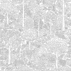Fototapeta premium Intricate line drawing of a dense forest with various trees, plants, and hidden animals, creating a complex and detailed nature scene.