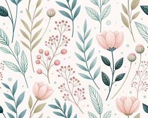 A Delicate Watercolor Floral Pattern Featuring Soft Pink Blossoms and Sage Green Foliage with Subtle Berry Accents on a Creamy White Background for a Gentle Aesthetic
