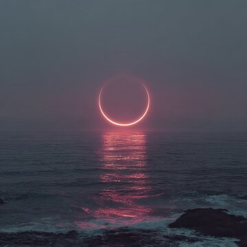 Pink ringed sun sets over a misty ocean