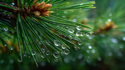 Close-up of pine branches in dew drops.