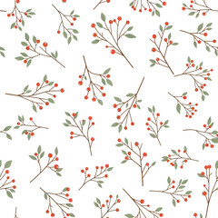 Seamless pattern of scattered botanical branches with green leaves and red berries.