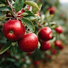 Ripe red apples on orchard branches