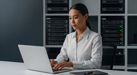 Focused Data Center Professional Working on Laptop,  Server Room Background